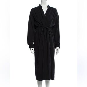 Black Crane Flannel Long Sleeve Midi Dress Black Mandarin Collar Waist Tie-Small